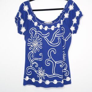Lauren Michelle Womens Top Size Large Blue White Floral Pearl Embroidered